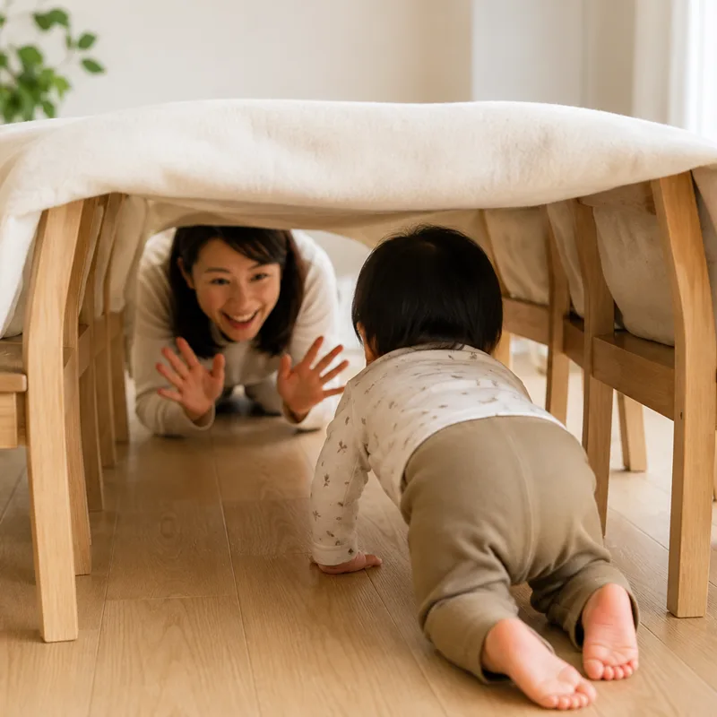 毛布のトンネルをくぐって遊ぶ赤ちゃんの様子